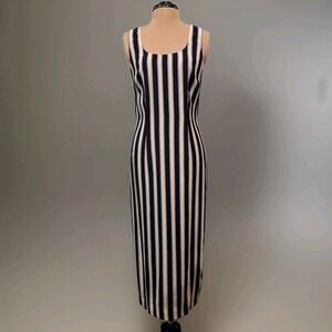 Donna Ricco Midi Dress Nautical Coastal Tailored Navy White Stripe Lace‎ Up Back